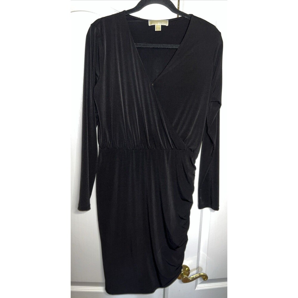 Michael Kors Dress Womens L Black Knit Faux Wrap Ruche Long Sleeve Mini Classic